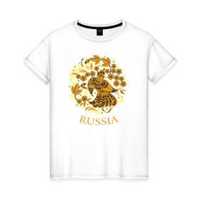 Женская футболка хлопок с принтом Russia Forever в Петрозаводске, 100% хлопок | прямой крой, круглый вырез горловины, длина до линии бедер, слегка спущенное плечо | народный | орнамент | роспись | традиционный