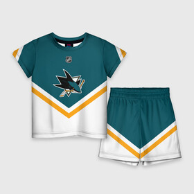 Детский костюм с шортами 3D с принтом San Jose Sharks в Петрозаводске,  |  | america | canada | hockey | nhl | usa | акула | америка | канада | лед | нхл | сан хосе | сша | хоккей | шаркс