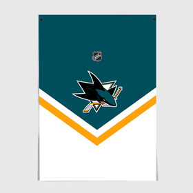 Постер с принтом San Jose Sharks в Петрозаводске, 100% бумага
 | бумага, плотность 150 мг. Матовая, но за счет высокого коэффициента гладкости имеет небольшой блеск и дает на свету блики, но в отличии от глянцевой бумаги не покрыта лаком | america | canada | hockey | nhl | usa | акула | америка | канада | лед | нхл | сан хосе | сша | хоккей | шаркс