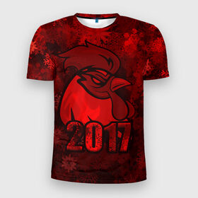Мужская футболка 3D спортивная с принтом Огненный петух в Петрозаводске, 100% полиэстер с улучшенными характеристиками | приталенный силуэт, круглая горловина, широкие плечи, сужается к линии бедра | животное | зима | красный | новый год | символ | снежинки