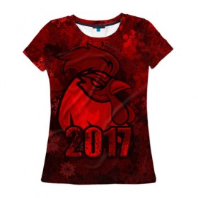 Женская футболка 3D с принтом Огненный петух в Петрозаводске, 100% полиэфир ( синтетическое хлопкоподобное полотно) | прямой крой, круглый вырез горловины, длина до линии бедер | животное | зима | красный | новый год | символ | снежинки