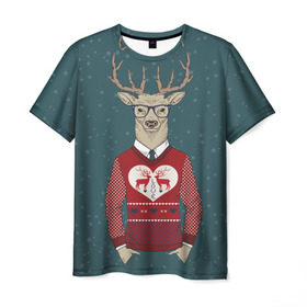 Мужская футболка 3D с принтом Олень хипстер в Петрозаводске, 100% полиэфир | прямой крой, круглый вырез горловины, длина до линии бедер | hipster | голова животного | животные | олень | олень хипстер | подарок на новый год | хипстер
