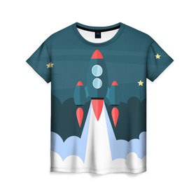 Женская футболка 3D с принтом Ракета в Петрозаводске, 100% полиэфир ( синтетическое хлопкоподобное полотно) | прямой крой, круглый вырез горловины, длина до линии бедер | звёзды | космический корабль | космическое пространство | космос | созвездие