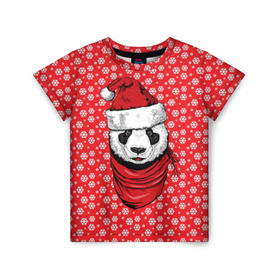 Детская футболка 3D с принтом Панда Клаус в Петрозаводске, 100% гипоаллергенный полиэфир | прямой крой, круглый вырез горловины, длина до линии бедер, чуть спущенное плечо, ткань немного тянется | Тематика изображения на принте: animal | bear | beast | claus | panda | santa | дед мороз | елка | зверь | клаус | медведь | новый год | панда | рождество | санта | снег