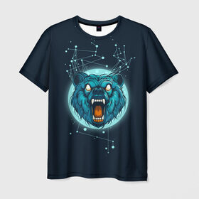Мужская футболка 3D с принтом Космический медведь в Петрозаводске, 100% полиэфир | прямой крой, круглый вырез горловины, длина до линии бедер | Тематика изображения на принте: bear | galaxy | moon | planet | rage | roar | space | universe | галактика | космос | луна | медведь | рык