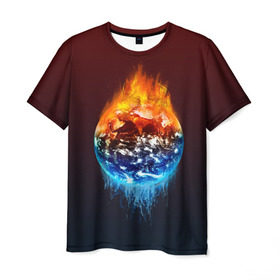Мужская футболка 3D с принтом Огонь против воды в Петрозаводске, 100% полиэфир | прямой крой, круглый вырез горловины, длина до линии бедер | battle | fire | galaxy | planet | space | water | битва | вода | галактика | земля | космос | огонь | пламя | планета