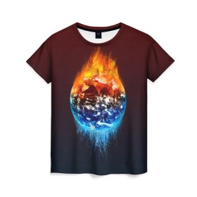 Женская футболка 3D с принтом Огонь против воды в Петрозаводске, 100% полиэфир ( синтетическое хлопкоподобное полотно) | прямой крой, круглый вырез горловины, длина до линии бедер | battle | fire | galaxy | planet | space | water | битва | вода | галактика | земля | космос | огонь | пламя | планета