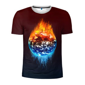 Мужская футболка 3D спортивная с принтом Огонь против воды в Петрозаводске, 100% полиэстер с улучшенными характеристиками | приталенный силуэт, круглая горловина, широкие плечи, сужается к линии бедра | battle | fire | galaxy | planet | space | water | битва | вода | галактика | земля | космос | огонь | пламя | планета