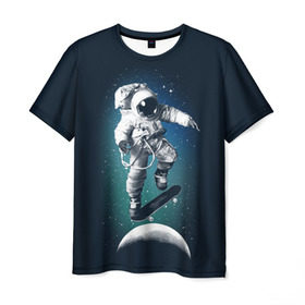 Мужская футболка 3D с принтом Космический скейтбординг в Петрозаводске, 100% полиэфир | прямой крой, круглый вырез горловины, длина до линии бедер | cosmonaut | galaxy | planet | skate | space | star | галактика | звезды | космонавт | космос | планета | скейт