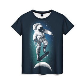 Женская футболка 3D с принтом Космический скейтбординг в Петрозаводске, 100% полиэфир ( синтетическое хлопкоподобное полотно) | прямой крой, круглый вырез горловины, длина до линии бедер | cosmonaut | galaxy | planet | skate | space | star | галактика | звезды | космонавт | космос | планета | скейт