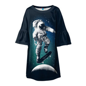 Детское платье 3D с принтом Космический скейтбординг в Петрозаводске, 100% полиэстер | прямой силуэт, чуть расширенный к низу. Круглая горловина, на рукавах — воланы | cosmonaut | galaxy | planet | skate | space | star | галактика | звезды | космонавт | космос | планета | скейт