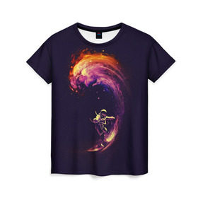 Женская футболка 3D с принтом Космический серфинг в Петрозаводске, 100% полиэфир ( синтетическое хлопкоподобное полотно) | прямой крой, круглый вырез горловины, длина до линии бедер | cosmonaut | galaxy | planet | space | star | surf | галактика | звезды | космонавт | космос | планета | серф