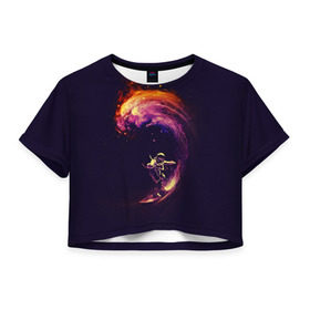 Женская футболка 3D укороченная с принтом Космический серфинг в Петрозаводске, 100% полиэстер | круглая горловина, длина футболки до линии талии, рукава с отворотами | cosmonaut | galaxy | planet | space | star | surf | галактика | звезды | космонавт | космос | планета | серф