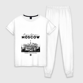 Женская пижама хлопок с принтом Москва, ВДНХ в Петрозаводске, 100% хлопок | брюки и футболка прямого кроя, без карманов, на брюках мягкая резинка на поясе и по низу штанин | 
