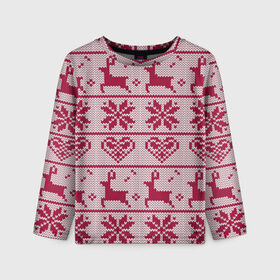 Детский лонгслив 3D с принтом Розовый свитер в Петрозаводске, 100% полиэстер | длинные рукава, круглый вырез горловины, полуприлегающий силуэт
 | ангел | ёлка | ель | зима | колокольчик | нг | новый год | олень | рождество | санта | свитер | снег