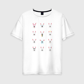 Женская футболка хлопок Oversize с принтом 12 эмоций бультерьера в Петрозаводске, 100% хлопок | свободный крой, круглый ворот, спущенный рукав, длина до линии бедер
 | emoji | булечка | булик | буль | бультерьер | смайл | собака | эмоджи | эмодзи
