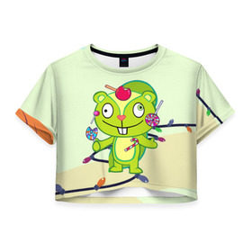Женская футболка 3D укороченная с принтом Happy Tree Friends в Петрозаводске, 100% полиэстер | круглая горловина, длина футболки до линии талии, рукава с отворотами | 