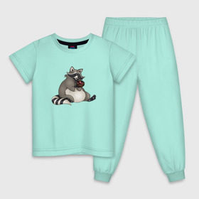 Детская пижама хлопок с принтом Енотик в Петрозаводске, 100% хлопок |  брюки и футболка прямого кроя, без карманов, на брюках мягкая резинка на поясе и по низу штанин
 | Тематика изображения на принте: акварель | енот | кекс | мафин | сладкоежка