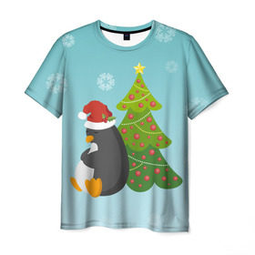 Мужская футболка 3D с принтом Новогодний пингвинчик в Петрозаводске, 100% полиэфир | прямой крой, круглый вырез горловины, длина до линии бедер | елка | новый год | пингвин