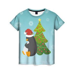 Женская футболка 3D с принтом Новогодний пингвинчик в Петрозаводске, 100% полиэфир ( синтетическое хлопкоподобное полотно) | прямой крой, круглый вырез горловины, длина до линии бедер | елка | новый год | пингвин