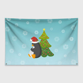 Флаг-баннер с принтом Новогодний пингвинчик в Петрозаводске, 100% полиэстер | размер 67 х 109 см, плотность ткани — 95 г/м2; по краям флага есть четыре люверса для крепления | елка | новый год | пингвин