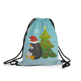 Рюкзак-мешок 3D с принтом Новогодний пингвинчик в Петрозаводске, 100% полиэстер | плотность ткани — 200 г/м2, размер — 35 х 45 см; лямки — толстые шнурки, застежка на шнуровке, без карманов и подкладки | елка | новый год | пингвин