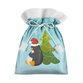 Подарочный 3D мешок с принтом Новогодний пингвинчик в Петрозаводске, 100% полиэстер | Размер: 29*39 см | елка | новый год | пингвин