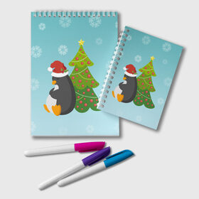 Блокнот с принтом Новогодний пингвинчик в Петрозаводске, 100% бумага | 48 листов, плотность листов — 60 г/м2, плотность картонной обложки — 250 г/м2. Листы скреплены удобной пружинной спиралью. Цвет линий — светло-серый
 | елка | новый год | пингвин