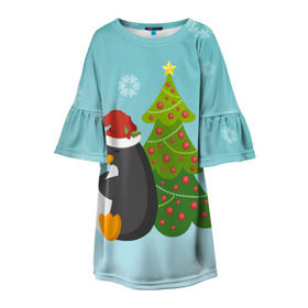 Детское платье 3D с принтом Новогодний пингвинчик в Петрозаводске, 100% полиэстер | прямой силуэт, чуть расширенный к низу. Круглая горловина, на рукавах — воланы | елка | новый год | пингвин
