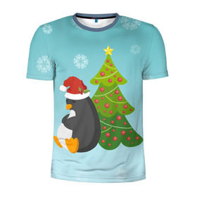 Мужская футболка 3D спортивная с принтом Новогодний пингвинчик в Петрозаводске, 100% полиэстер с улучшенными характеристиками | приталенный силуэт, круглая горловина, широкие плечи, сужается к линии бедра | елка | новый год | пингвин