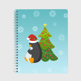 Тетрадь с принтом Новогодний пингвинчик в Петрозаводске, 100% бумага | 48 листов, плотность листов — 60 г/м2, плотность картонной обложки — 250 г/м2. Листы скреплены сбоку удобной пружинной спиралью. Уголки страниц и обложки скругленные. Цвет линий — светло-серый
 | елка | новый год | пингвин