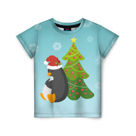 Детская футболка 3D с принтом Новогодний пингвинчик в Петрозаводске, 100% гипоаллергенный полиэфир | прямой крой, круглый вырез горловины, длина до линии бедер, чуть спущенное плечо, ткань немного тянется | Тематика изображения на принте: елка | новый год | пингвин