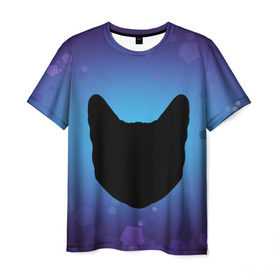 Мужская футболка 3D с принтом Силуэт черной кошки в Петрозаводске, 100% полиэфир | прямой крой, круглый вырез горловины, длина до линии бедер | кошка | силуэт | синий | фиолетовый | черный