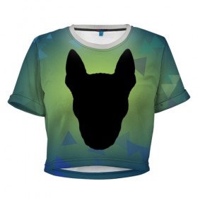Женская футболка 3D укороченная с принтом силуэт Бультерьера в Петрозаводске, 100% полиэстер | круглая горловина, длина футболки до линии талии, рукава с отворотами | зеленый | силуэт | синий | собака | черный