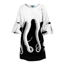 Детское платье 3D с принтом Octopus в Петрозаводске, 100% полиэстер | прямой силуэт, чуть расширенный к низу. Круглая горловина, на рукавах — воланы | Тематика изображения на принте: octopus