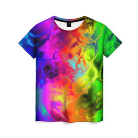 Женская футболка 3D с принтом Красочное безумие в Петрозаводске, 100% полиэфир ( синтетическое хлопкоподобное полотно) | прямой крой, круглый вырез горловины, длина до линии бедер | кислота | радуга | разноцветный | яркий