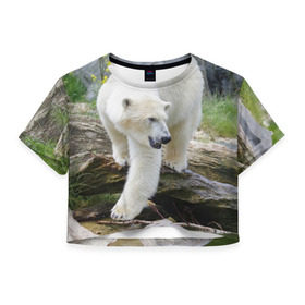 Женская футболка 3D укороченная с принтом Белый медведь в Петрозаводске, 100% полиэстер | круглая горловина, длина футболки до линии талии, рукава с отворотами | арктика