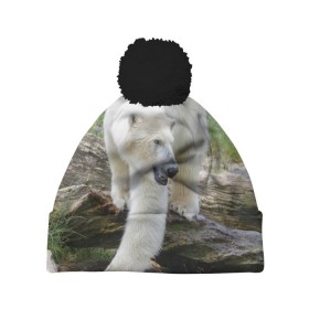 Шапка 3D c помпоном с принтом Белый медведь в Петрозаводске, 100% полиэстер | универсальный размер, печать по всей поверхности изделия | арктика