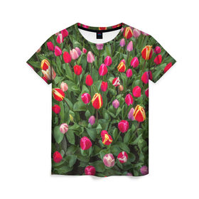 Женская футболка 3D с принтом Тюльпанчики в Петрозаводске, 100% полиэфир ( синтетическое хлопкоподобное полотно) | прямой крой, круглый вырез горловины, длина до линии бедер | зеленый | поле | природа | растения | тюльпаны | цветной | цветы