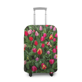 Чехол для чемодана 3D с принтом Тюльпанчики в Петрозаводске, 86% полиэфир, 14% спандекс | двустороннее нанесение принта, прорези для ручек и колес | зеленый | поле | природа | растения | тюльпаны | цветной | цветы