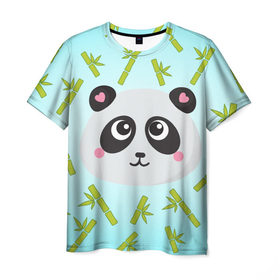 Мужская футболка 3D с принтом Панда с бамбуком в Петрозаводске, 100% полиэфир | прямой крой, круглый вырез горловины, длина до линии бедер | бамбук | панда