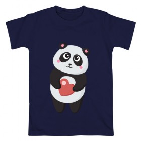 Мужская футболка хлопок с принтом Панда с сердечком в Петрозаводске, 100% хлопок | прямой крой, круглый вырез горловины, длина до линии бедер, слегка спущенное плечо. | 