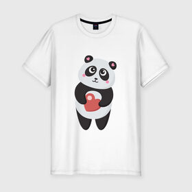 Мужская футболка премиум с принтом Панда с сердечком в Петрозаводске, 92% хлопок, 8% лайкра | приталенный силуэт, круглый вырез ворота, длина до линии бедра, короткий рукав | 