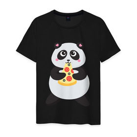 Мужская футболка хлопок с принтом Панда обжора в Петрозаводске, 100% хлопок | прямой крой, круглый вырез горловины, длина до линии бедер, слегка спущенное плечо. | обжора | панда | пицца