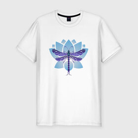 Мужская футболка премиум с принтом Стрекоза на лотосе в Петрозаводске, 92% хлопок, 8% лайкра | приталенный силуэт, круглый вырез ворота, длина до линии бедра, короткий рукав | лотос | насекомые | стрекоза | цветы