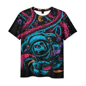 Мужская футболка 3D с принтом Космический осьминог в Петрозаводске, 100% полиэфир | прямой крой, круглый вырез горловины, длина до линии бедер | Тематика изображения на принте: astro | cosmo | galaxy | kraken | octopus | space | астронавт | галактика | космонавт | космос | кракен | осьминог