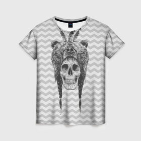 Женская футболка 3D с принтом Мертвый шаман в Петрозаводске, 100% полиэфир ( синтетическое хлопкоподобное полотно) | прямой крой, круглый вырез горловины, длина до линии бедер | bear | bone | dark | magic | shaman | skelet | skull | witch | кости | маг | медведь | скелет | череп | шаман