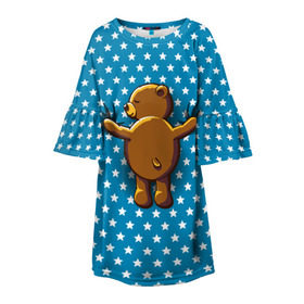 Детское платье 3D с принтом Медвежьи объятия в Петрозаводске, 100% полиэстер | прямой силуэт, чуть расширенный к низу. Круглая горловина, на рукавах — воланы | bear | beast | kid | love | teddy | toy | звезды | зверь | игрушка | любовь | медведь | мишка
