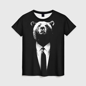 Женская футболка 3D с принтом Медведь бизнесмен в Петрозаводске, 100% полиэфир ( синтетическое хлопкоподобное полотно) | прямой крой, круглый вырез горловины, длина до линии бедер | animal | bear | beast | business | suit | бизнес | джентльмен | животное | зверь | медведь | смокинг