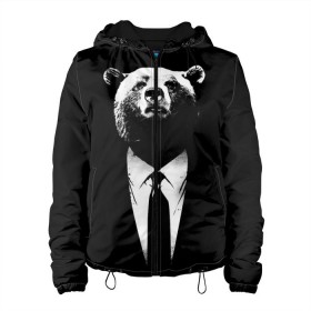 Женская куртка 3D с принтом Медведь бизнесмен в Петрозаводске, ткань верха — 100% полиэстер, подклад — флис | прямой крой, подол и капюшон оформлены резинкой с фиксаторами, два кармана без застежек по бокам, один большой потайной карман на груди. Карман на груди застегивается на липучку | animal | bear | beast | business | suit | бизнес | джентльмен | животное | зверь | медведь | смокинг